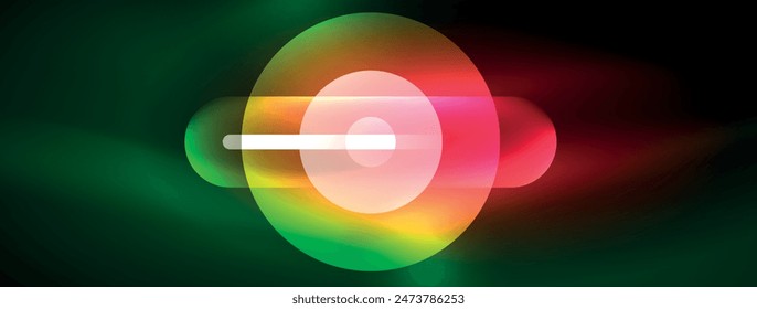 Abstract design pulsates with neon glowing light effects, casting an entrancing glow in the darkness, captivating the eye with its vibrant energy. Glass circles neon glowing light effects