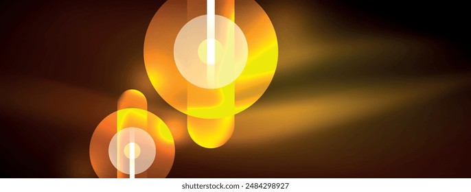 Abstract design pulsates with neon glowing light effects, casting an entrancing glow in the darkness, captivating the eye with its vibrant energy. Glass circles neon glowing light effects