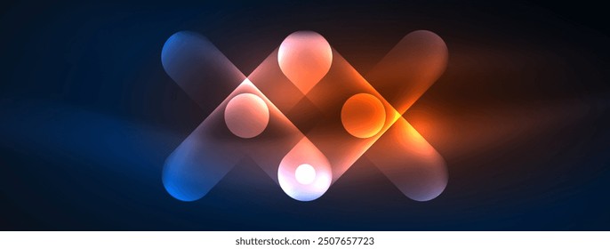 Abstract design pulsates with neon glowing light effects, casting an entrancing glow in the darkness, captivating the eye with its vibrant energy. Glass circles neon glowing light effects