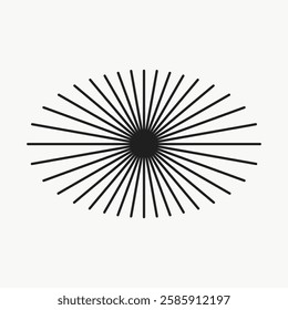 Abstract design with radial lines forming a circular pattern. Minimalist black lines radiate from a central point, creating a striking visual effect. Vector isolated on white.