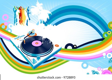 abstract design with rainbows, silhouettes dancing and turntable