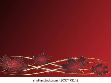 Abstract design. Red background with flowing golden lines and maple leaves.