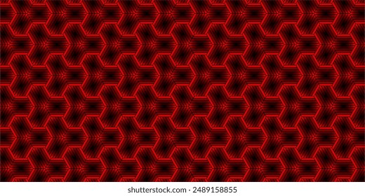 Abstraktes Design. Red Carbon Fiber Hexagon Pattern. Abstraktes Sublimationsdesign. Technologischer Wabenhintergrund. Honig rot schwarz Textur. Nahtloses Muster aus rot leuchtenden Sechsecken