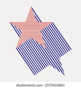 Abstract design with a red star and blue stripes. The star and stripes create a dynamic pattern. Red star and blue stripes in a geometric layout. Vintage illustration isolated on white, vector.