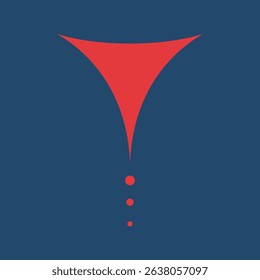Abstract design with a red triangular shape pointing downwards on a blue background, featuring three red dots below. Modern, geometric, abstract art. Abstract graphic vector.