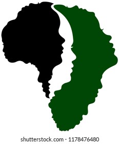 A abstract design representing the people of Africa with the silhouetted profile images forming the shape of the African continent. The colours of black and green are dominant colours in Africa.