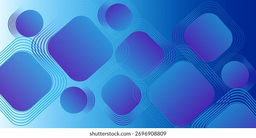An abstract design with rounded and rectangular shapes in a gradient of blue to purple. The background is light to dark blue
