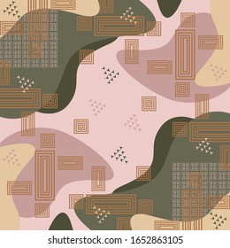 Abstract design for scarf pattern with geometric square ornament on pink