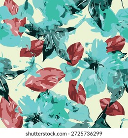 Diseño abstracto sin patrón, arreglo de flores y follaje, combinación de colores azul y rojo, impresión en tela textil o fondo.