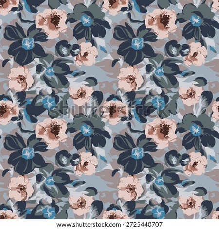 abstract design seamless pattern, flower and foliage arrangement, soft cream and dark color combination, print on textile fabric or background.