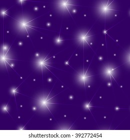Abstract design seamless texture. Ghostly balls and neon lines on the dark indigo background.