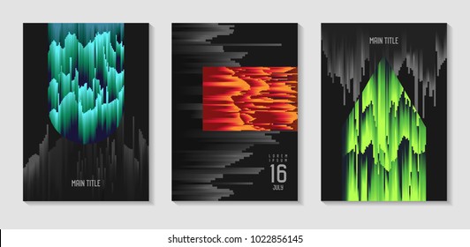 Abstract Design Set in Glitch Style. Trendy Background Templates with Geometric Shapes for Posters, Covers, Banners, Flyers, Placards. Vector illustration