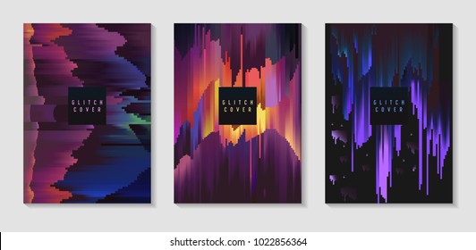 Abstract Design Set in Glitch Style. Trendy Background Templates with Geometric Shapes for Posters, Covers, Banners, Flyers, Placards. Vector illustration