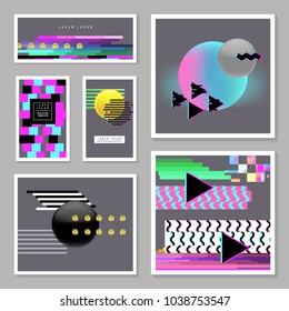 Abstract Design Set in Glitch Style. Trendy Background Templates with Geometric Shapes for Posters, Covers, Banners, Flyers, Placards. Vector illustration
