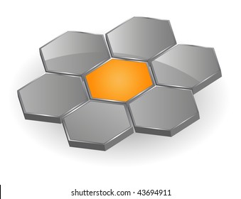 Abstract design seven hexagons, orange and grey - vector
