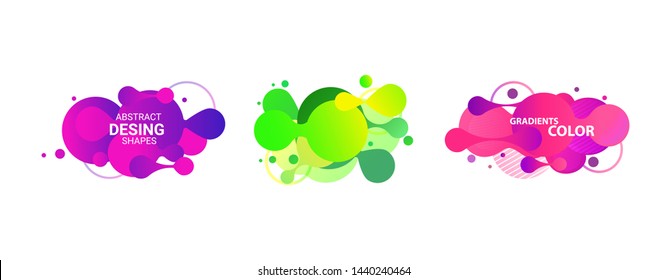Abstract design shape set. Pink, purple and acid green fluid circles. Flux forms, flowing liquid isolated on white background. Vector template for banners, posters, covers