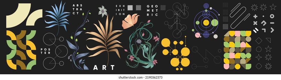 Abstract design and shapes vectors. Set of elements for design. Vector illustrations. Bauhaus style and floral elements. Vintage abstract paint, great design for any purposes.