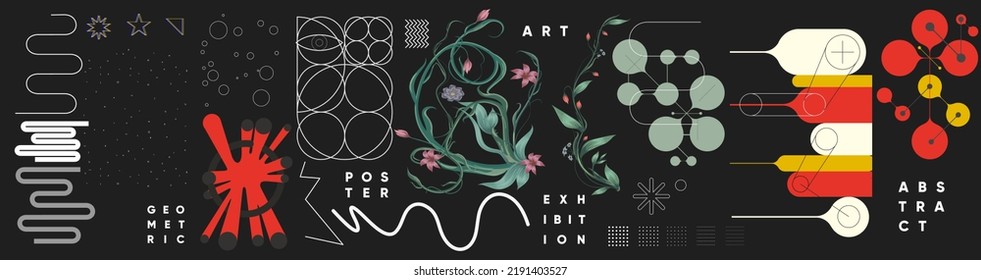 Abstract design and shapes vectors. Set of elements for design. Vector illustrations. Bauhaus style and floral elements. 