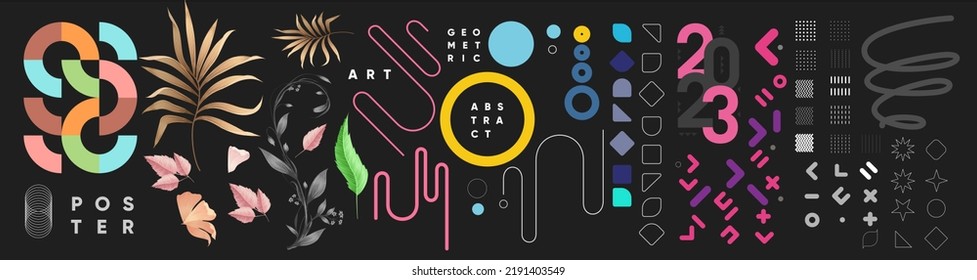 Abstract design and shapes vectors. Set of elements for design. Vector illustrations. Bauhaus style and floral elements. 