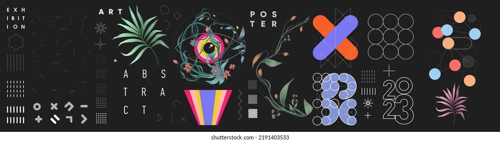 Abstract design and shapes vectors.Geometric objects, tropical plants. Set of elements for design. Vector illustrations. Bauhaus style and floral elements. 