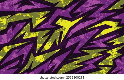 Abstract design with sharp, jagged purple and green shapes on a grungy yellow background, creating an energetic, chaotic pattern. Ideal for banners, posters, wallpapers, and website headers.