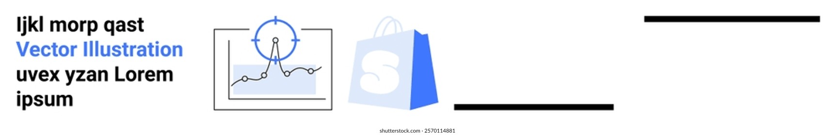 Abstract design of a shopping bag with an analysis chart and textual elements. Ideal for e-commerce, data analysis, online shopping, business growth, and marketing concepts. Landing page