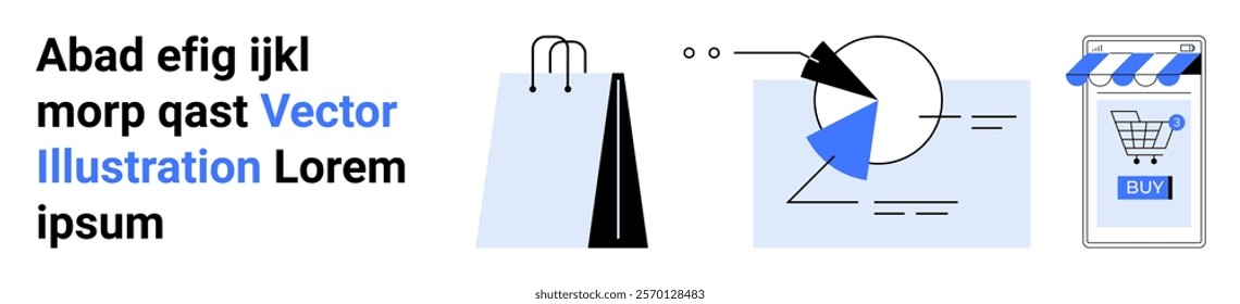 Abstract design with shopping bag, charts, and mobile shopping cart. Ideal for online shopping, e-commerce, retail analytics, digital marketing, and business strategy. Banner for landing page