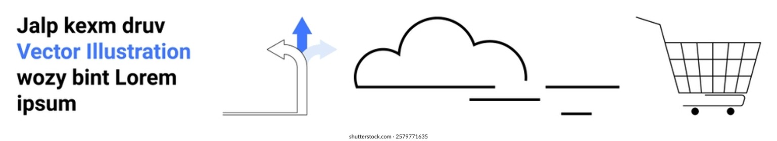 Abstract design with a shopping cart, cloud, and upward arrow in a minimalist style. Ideal for e-commerce, cloud computing, digital innovation, online retail, business strategy. Banner for landing