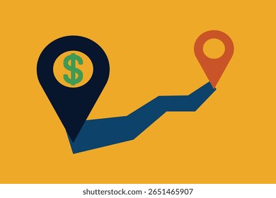 Abstract design showcasing financial growth using a location pointer with a dollar sign and a rising chart. Represents monetary success, business, and economic trends on a vibrant background.