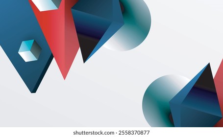 Abstract design showcasing isometric cubes, pyramids, squares, and spheres in a vibrant 3D layout. Modern and dynamic, perfect for tech, design, or futuristic themes