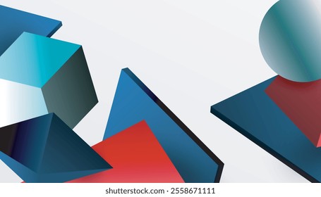 Abstract design showcasing isometric cubes, pyramids, squares, and spheres in a vibrant 3D layout. Modern and dynamic, perfect for tech, design, or futuristic themes