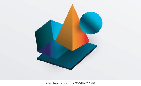 Abstract design showcasing isometric cubes, pyramids, squares, and spheres in a vibrant 3D layout. Modern and dynamic, perfect for tech, design, or futuristic themes