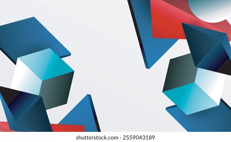 Abstract design showcasing isometric cubes, pyramids, squares, and spheres in a vibrant 3D layout. Modern and dynamic, perfect for tech, design, or futuristic themes