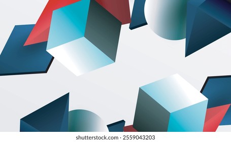 Abstract design showcasing isometric cubes, pyramids, squares, and spheres in a vibrant 3D layout. Modern and dynamic, perfect for tech, design, or futuristic themes