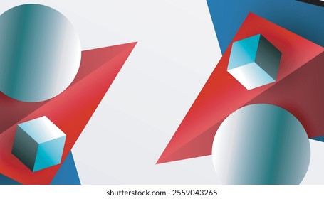 Abstract design showcasing isometric cubes, pyramids, squares, and spheres in a vibrant 3D layout. Modern and dynamic, perfect for tech, design, or futuristic themes