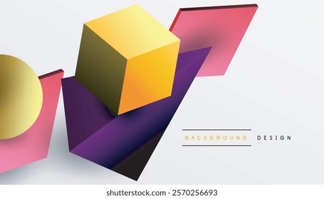 Abstract design showcasing isometric cubes, pyramids, squares, and spheres in a vibrant 3D layout. Modern and dynamic, perfect for tech, design, or futuristic themes