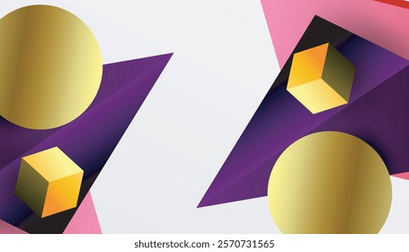 Abstract design showcasing isometric cubes, pyramids, squares, and spheres in a vibrant 3D layout. Modern and dynamic, perfect for tech, design, or futuristic themes