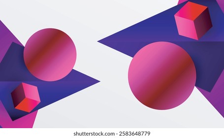 Abstract design showcasing isometric cubes, pyramids, squares, and spheres in a vibrant 3D layout. Modern and dynamic, perfect for tech, design, or futuristic themes