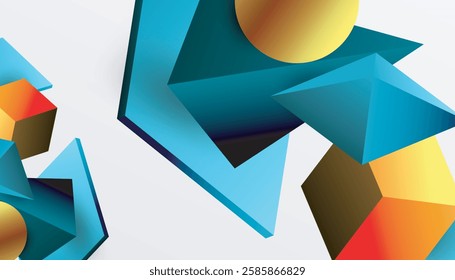 Abstract design showcasing isometric cubes, pyramids, squares, and spheres in a vibrant 3D layout. Modern and dynamic, perfect for tech, design, or futuristic themes