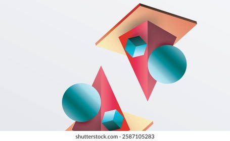 Abstract design showcasing isometric cubes, pyramids, squares, and spheres in a vibrant 3D layout. Modern and dynamic, perfect for tech, design, or futuristic themes