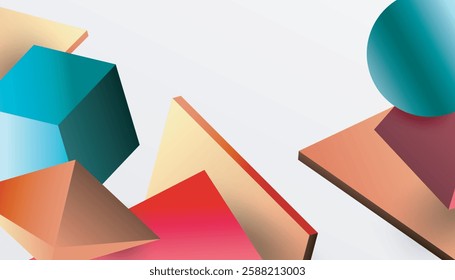 Abstract design showcasing isometric cubes, pyramids, squares, and spheres in a vibrant 3D layout. Modern and dynamic, perfect for tech, design, or futuristic themes