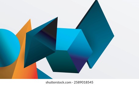 Abstract design showcasing isometric cubes, pyramids, squares, and spheres in a vibrant 3D layout. Modern and dynamic, perfect for tech, design, or futuristic themes