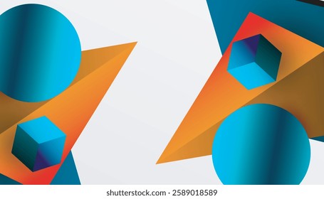 Abstract design showcasing isometric cubes, pyramids, squares, and spheres in a vibrant 3D layout. Modern and dynamic, perfect for tech, design, or futuristic themes