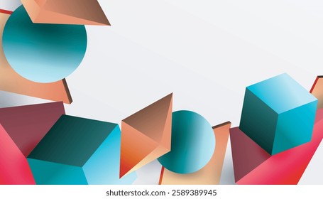 Abstract design showcasing isometric cubes, pyramids, squares, and spheres in a vibrant 3D layout. Modern and dynamic, perfect for tech, design, or futuristic themes