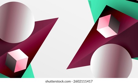 Abstract design showcasing isometric cubes, pyramids, squares, and spheres in a vibrant 3D layout. Modern and dynamic, perfect for tech, design, or futuristic themes