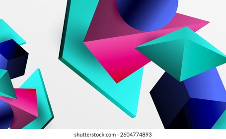 Abstract design showcasing isometric cubes, pyramids, squares, and spheres in a vibrant 3D layout. Modern and dynamic, perfect for tech, design, or futuristic themes