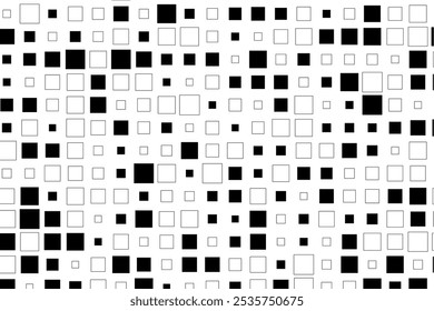 Design abstrato mostrando um arranjo rítmico de quadrados pretos em diversos tamanhos em uma superfície branca.