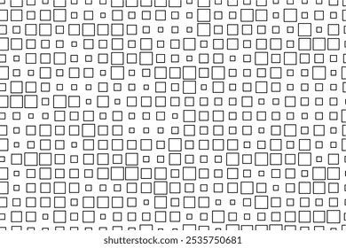 Abstract design showcasing a rhythmic arrangement of black squares in diverse sizes across a white surface.