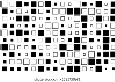 Design abstrato mostrando um arranjo rítmico de quadrados pretos em diversos tamanhos em uma superfície branca.