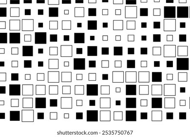 Diseño Abstractas que muestra una disposición rítmica de cuadrados negros en diversos tamaños a través de una superficie blanca.